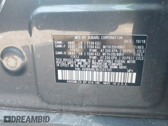 2019 Subaru Outback with VIN 4S4BSABC9K3253105, listed as a IAAI auction lot 42615620 with 93,786 mi miles and . Bid and sale history available at DreamBid. Image 9.