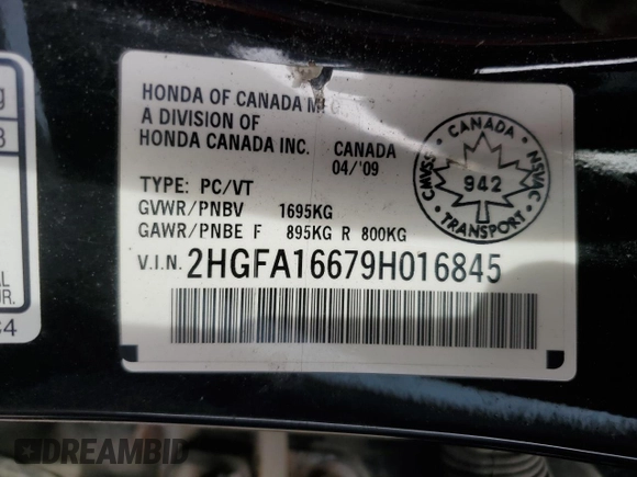 2009 Honda Civic LX-S z VIN 2HGFA16679H016845, wystawiony jako Copart lot #56895655 z przebiegiem 225 898 mil mil oraz Czysty tytuł • Clean title. Historia ofert i sprzedaży dostępna na DreamBid. Obrazek 13.