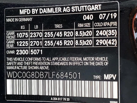 2020 Mercedes-Benz GLC with VIN WDC0G8DB7LF684501, listed as a Copart auction lot 68821512 with 0 mi miles. Bid and sale history available at carsss.com. Image 14.