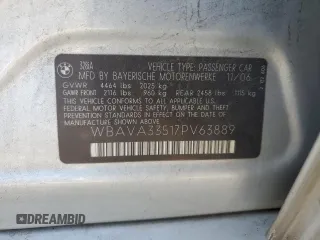 2007 BMW 3 Series 328i with VIN WBAVA33517PV63889, listed as a Copart auction lot 59160945 with 147,664 mi miles and Salvage title. Bid and sale history available at DreamBid. Image 13.