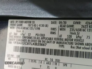 2020 Ford Transit Passenger XL with VIN 1FBAX2C87LKB25667, listed as a IAAI auction lot 41854903 with 132,423 mi miles and . Bid and sale history available at DreamBid. Image 9.