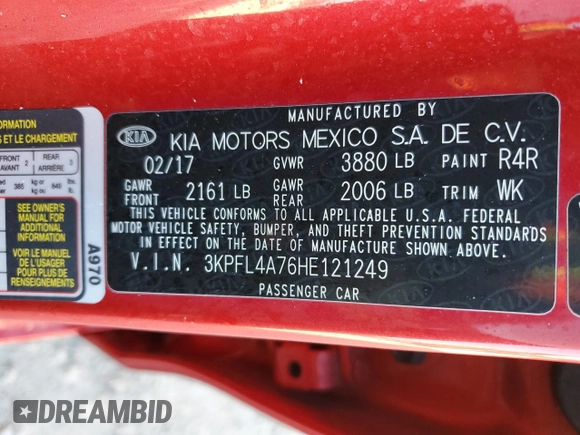 2017 Kia Forte S with VIN 3KPFL4A76HE121249, listed as a Copart auction lot 48788735 with 41,465 mi miles and Salvage Title. Bid and sale history available at DreamBid. Image 13.