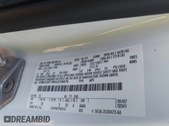 2019 Ford Escape S with VIN 1FMCU0F75KUC55076, listed as a IAAI auction lot 42432402 with 113,783 mi miles and . Bid and sale history available at DreamBid. Image 9.
