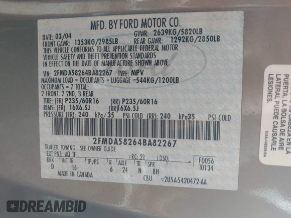 2004 Ford Freestar Limited с VIN 2FMDA58264BA82267, выставлен на аукционе IAAI как лот 42429259 с пробегом 211 106 миль миль и . История ставок и продаж доступна на DreamBid. Изображение 9.