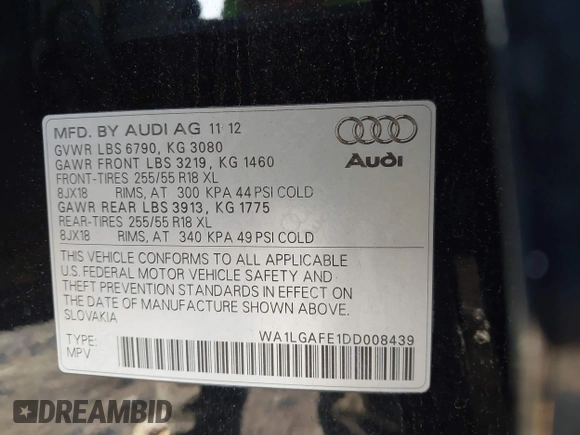 2013 Audi Q7 3.0T Premium Plus with VIN WA1LGAFE1DD008439, listed as a IAAI auction lot 41045973 with 100,868 mi miles. Bid and sale history available at carsss.com. Image 9.