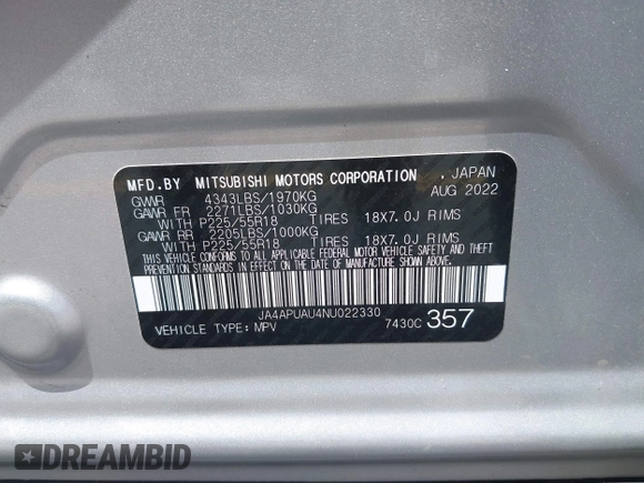 2022 Mitsubishi Outlander ES with VIN JA4APUAU4NU022330, listed as a IAAI auction lot 42534661 with 67,234 mi miles and . Bid and sale history available at DreamBid. Image 9.