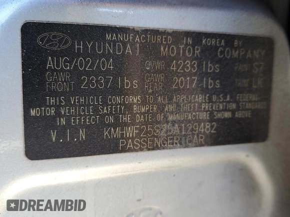 2005 Hyundai Sonata GL with VIN KMHWF25S25A129482, listed as a Copart auction lot 81823244 with 247,656 mi miles and Clean Title. Bid and sale history available at carsss.com. Image 12.