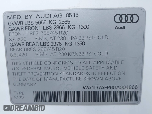 2016 Audi Q5 Premium Plus with VIN WA1D7AFP6GA004866, listed as a IAAI auction lot 41794107 with 66,186 mi miles. Bid and sale history available at carsss.com. Image 9.