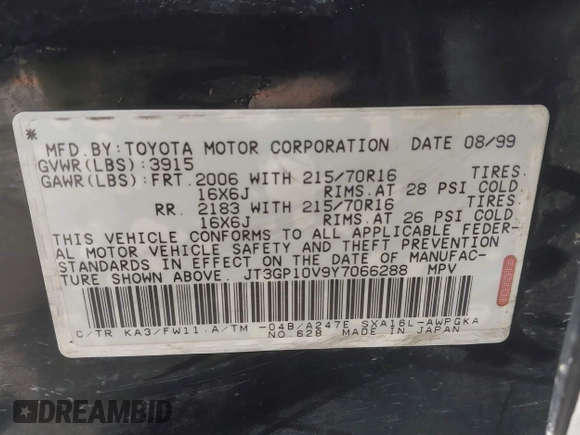 2000 Toyota RAV4 with VIN JT3GP10V9Y7066288, listed as a IAAI auction lot 42485170 with 213,973 mi miles and . Bid and sale history available at DreamBid. Image 9.