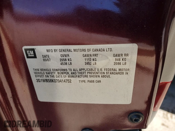 2007 Chevrolet Impala LS z VIN 2G1WB58K079414752, wystawiony jako Copart lot #58153935 z przebiegiem 276 602 mil mil oraz Szkoda całkowita • Salvage title. Historia ofert i sprzedaży dostępna na DreamBid. Obrazek 12.