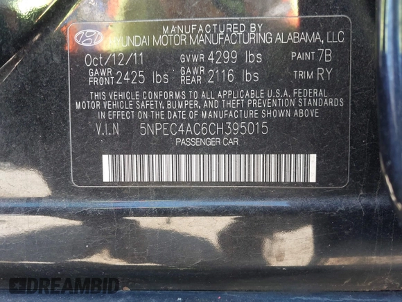 2012 Hyundai Sonata Limited with VIN 5NPEC4AC6CH395015, listed as a IAAI auction lot 41875933 with 197,529 mi miles and . Bid and sale history available at DreamBid. Image 9.