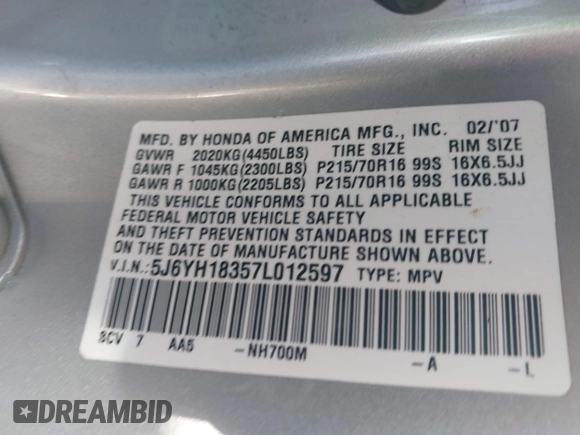 2007 Honda Element LX with VIN 5J6YH18357L012597, listed as a IAAI auction lot 41626557 with 209,648 mi miles and . Bid and sale history available at DreamBid. Image 9.