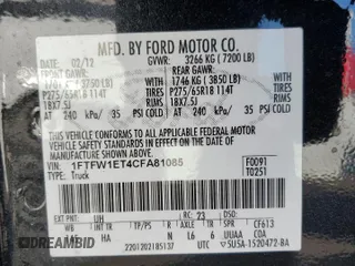 2012 Ford F-150 XL with VIN 1FTFW1ET4CFA81085, listed as a Copart auction lot 42703985 with 242,233 mi miles and Salvage Title. Bid and sale history available at carsss.com. Image 12.