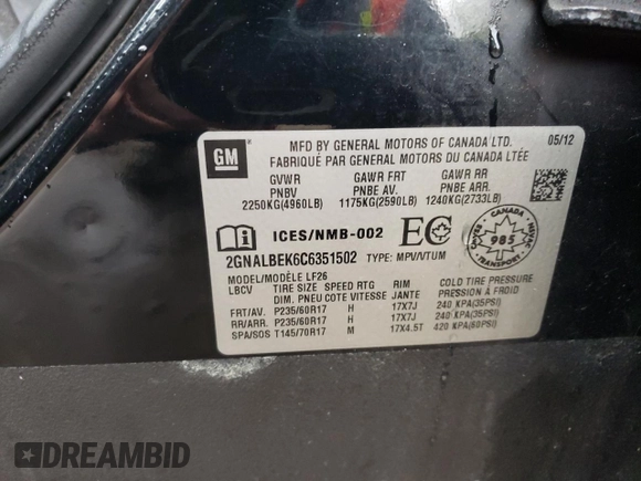 2012 Chevrolet Equinox LS with VIN 2GNALBEK6C6351502, listed as a Copart auction lot 54605875 with 298,139 mi miles and Clean Title. Bid and sale history available at DreamBid. Image 13.