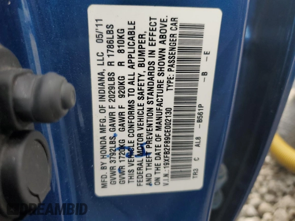 2012 Honda Civic EX with VIN 19XFB2F89CE002130, listed as a Copart auction lot 48515155 with 190,416 mi miles and Salvage Title. Bid and sale history available at DreamBid. Image 15.