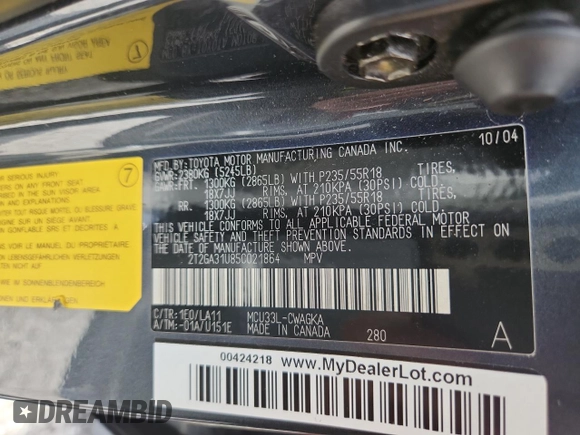 2005 Lexus RX 330 with VIN 2T2GA31U85C021864, listed as a Copart auction lot 59857965 with 135,756 mi miles and Salvage title. Bid and sale history available at DreamBid. Image 14.