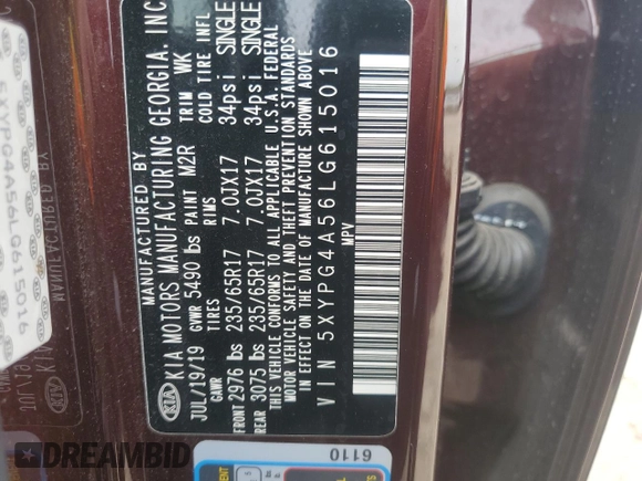 2020 Kia Sorento S z VIN 5XYPG4A56LG615016, wystawiony jako Copart lot #55848875 z przebiegiem Nie podano mil oraz Szkoda całkowita • Salvage title. Historia ofert i sprzedaży dostępna na DreamBid. Obrazek 12.