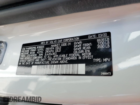 2020 Volvo XC90 R-Design with VIN YV4BR0CMXL1616605, listed as a Copart auction lot 60628505 with 38,417 mi miles and Salvage title. Bid and sale history available at DreamBid. Image 13.