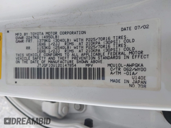 2002 Lexus RX 300 with VIN JTJGF10U120147854, listed as a IAAI auction lot 42128364 with Not provided miles and . Bid and sale history available at DreamBid. Image 9.