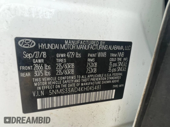 2019 Hyundai Santa Fe SEL z VIN 5NMS33AD4KH045481, wystawiony jako Copart lot #61013525 z przebiegiem 149 253 mil mil oraz Czysty tytuł • Clean title. Historia ofert i sprzedaży dostępna na DreamBid. Obrazek 10.