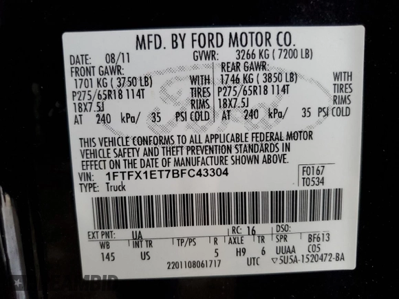 2011 Ford F-150 XL with VIN 1FTFX1ET7BFC43304, listed as a Copart auction lot 51225085 with 119,048 mi miles and Salvage Title. Bid and sale history available at DreamBid. Image 13.