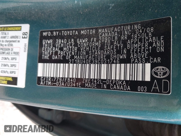 2009 Toyota Corolla z VIN 2T1BU40E39C031746, wystawiony jako IAAI lot #42542079 z przebiegiem 218 019 mil mil oraz . Historia ofert i sprzedaży dostępna na DreamBid. Obrazek 9.