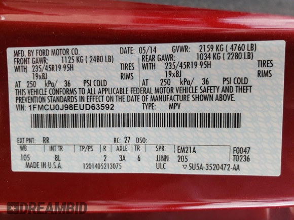 2014 Ford Escape Titanium с VIN 1FMCU0J98EUD63592, выставлен на аукционе Copart как лот 51737595 с пробегом 69 223 миль миль и На запчасти • Non repairable. История ставок и продаж доступна на DreamBid. Изображение 14.