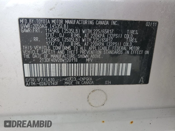 2011 Toyota RAV4 Ltd with VIN 2T3DF4DV2BW120118, listed as a Copart auction lot 54189035 with 181,054 mi miles and Salvage Title. Bid and sale history available at carsss.com. Image 14.