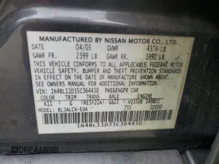2005 Nissan Altima 3.5 SE with VIN 1N4BL11D35C364450, listed as a Copart auction lot 49375635 with 153,131 mi miles and Salvage Title. Bid and sale history available at carsss.com. Image 12.