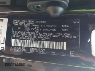 2017 Toyota 4Runner SR5 with VIN JTEBU5JR4H5408115, listed as a IAAI auction lot 41779128 with 107,717 mi miles and . Bid and sale history available at DreamBid. Image 9.