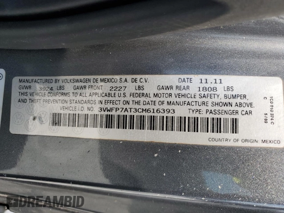 2012 Volkswagen Beetle Entry с VIN 3VWFP7AT3CM616393, выставлен на аукционе Copart как лот 56279015 с пробегом 184 363 миль миль и Чистый • Clean title. История ставок и продаж доступна на DreamBid. Изображение 12.