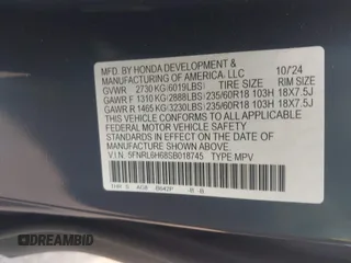 2025 Honda Odyssey EX-L z VIN 5FNRL6H68SB018745, wystawiony jako IAAI lot #42416672 z przebiegiem 6 019 mil mil oraz . Historia ofert i sprzedaży dostępna na DreamBid. Obrazek 9.