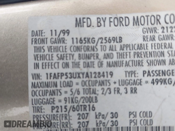 2000 Ford Taurus SE with VIN 1FAFP53UXYA128419, listed as a IAAI auction lot 42052508 with 90,219 mi miles and . Bid and sale history available at DreamBid. Image 9.