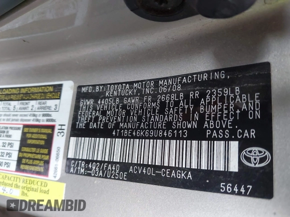 2009 Toyota Camry with VIN 4T1BE46K69U846113, listed as a IAAI auction lot 41716709 with 190,695 mi miles and . Bid and sale history available at DreamBid. Image 9.