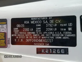 2021 Kia Forte FE with VIN 3KPF24AD4ME402727, listed as a Copart auction lot 58994105 with 89,285 mi miles and Clean title. Bid and sale history available at DreamBid. Image 13.