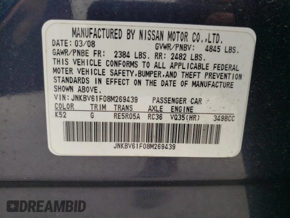 2008 Infiniti G35 x z VIN JNKBV61F08M269439, wystawiony jako Copart lot #52402455 z przebiegiem 250 603 mil mil oraz Szkoda całkowita • Salvage title. Historia ofert i sprzedaży dostępna na DreamBid. Obrazek 13.