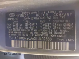 2020 Hyundai Kona SEL with VIN KM8K2CAA3LU402888, listed as a IAAI auction lot 41476463 with 29,533 mi miles. Bid and sale history available at carsss.com. Image 9.