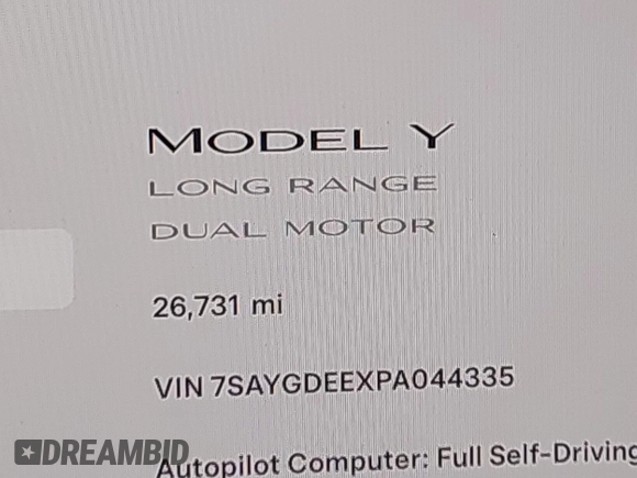 2023 Tesla Model Y Long Range with VIN 7SAYGDEEXPA044335, listed as a IAAI auction lot 42350159 with 26,731 mi miles and . Bid and sale history available at DreamBid. Image 7.