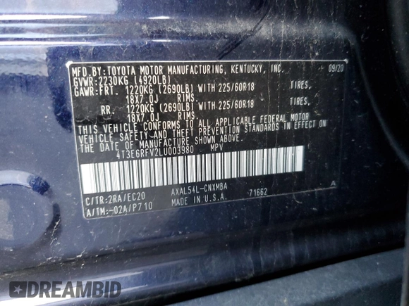 2020 Toyota RAV4 Hybrid XSE with VIN 4T3E6RFV2LU003980, listed as a Copart auction lot 48460515 with 59,317 mi miles and Salvage title. Bid and sale history available at DreamBid. Image 13.