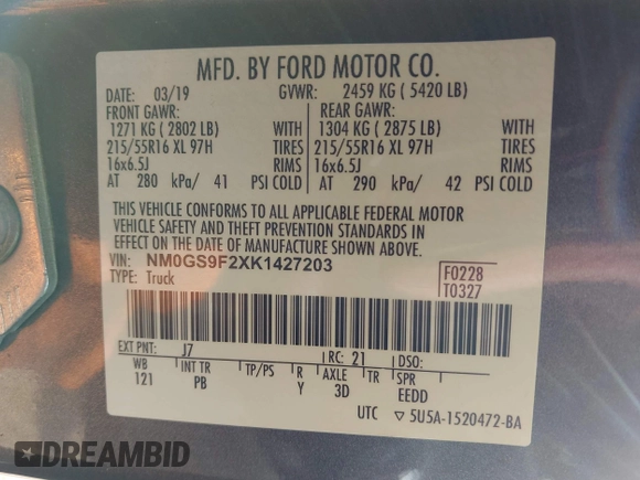 2019 Ford Transit Connect XLT with VIN NM0GS9F2XK1427203, listed as a IAAI auction lot 42265074 with 106,005 mi miles and . Bid and sale history available at DreamBid. Image 9.