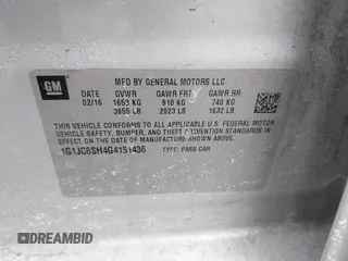 2016 Chevrolet Sonic LT with VIN 1G1JC6SH4G4151436, listed as a IAAI auction lot 41709048 with 121,121 mi miles. Bid and sale history available at carsss.com. Image 9.