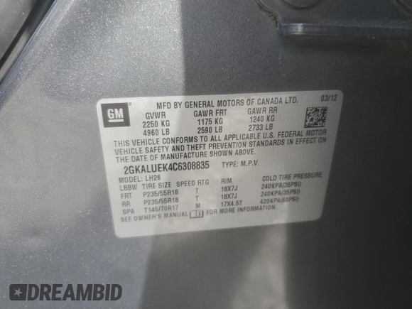 2012 GMC Terrain SLT-1 with VIN 2GKALUEK4C6308835, listed as a Copart auction lot 56013685 with 149,250 mi miles and Salvage title. Bid and sale history available at DreamBid. Image 13.