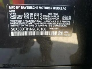 2022 BMW X4 xDrive30i with VIN 5UX33DT01N9L78188, listed as a Copart auction lot 57873752 with 5,151 mi miles. Bid and sale history available at carsss.com. Image 10.