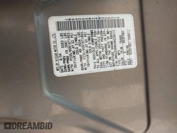 2004 Nissan Murano SE z VIN JN8AZ08W24W329213, wystawiony jako IAAI lot #40451487 z przebiegiem 92 848 mil mil oraz . Historia ofert i sprzedaży dostępna na DreamBid. Obrazek 9.