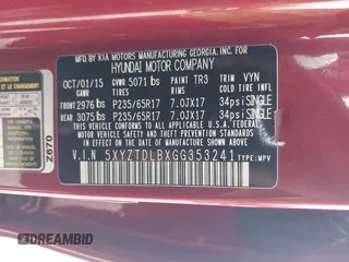 2016 Hyundai Santa Fe z VIN 5XYZTDLBXGG353241, wystawiony jako IAAI lot #42328420 z przebiegiem 120 925 mil mil oraz . Historia ofert i sprzedaży dostępna na DreamBid. Obrazek 9.