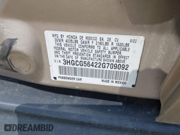 2002 Honda Accord LX z VIN 3HGCG56422G709092, wystawiony jako IAAI lot #42214711 z przebiegiem 94 386 mil mil oraz . Historia ofert i sprzedaży dostępna na DreamBid. Obrazek 9.