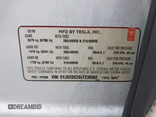 2020 Tesla Model X Long Range with VIN 5YJXCDE26LF238982, listed as a IAAI auction lot 42100220 with 44,804 mi miles. Bid and sale history available at carsss.com. Image 9.