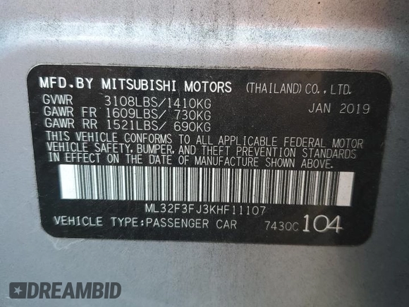 2019 Mitsubishi Mirage ES z VIN ML32F3FJ3KHF11107, wystawiony jako Copart lot #50464835 z przebiegiem 106 636 mil mil oraz Szkody całkowita. Historia ofert i sprzedaży dostępna na DreamBid. Obrazek 13.