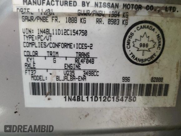 2002 Nissan Altima SE with VIN 1N4BL11D12C154750, listed as a Copart auction lot 87326564 with 268,913 mi miles and Clean Title. Bid and sale history available at carsss.com. Image 12.