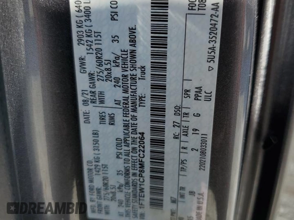 2021 Ford F-150 XL z VIN 1FTEW1CP8MFC22064, wystawiony jako Copart lot #45840755 z przebiegiem 37 749 mil mil oraz Szkoda całkowita • Salvage title. Historia ofert i sprzedaży dostępna na DreamBid. Obrazek 12.